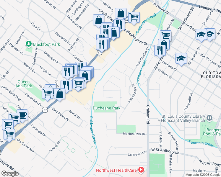 map of restaurants, bars, coffee shops, grocery stores, and more near 429 Slusser Lane in Florissant