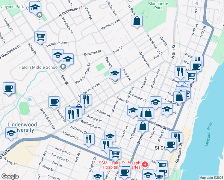map of restaurants, bars, coffee shops, grocery stores, and more near 1600 Waverly Street in Saint Charles