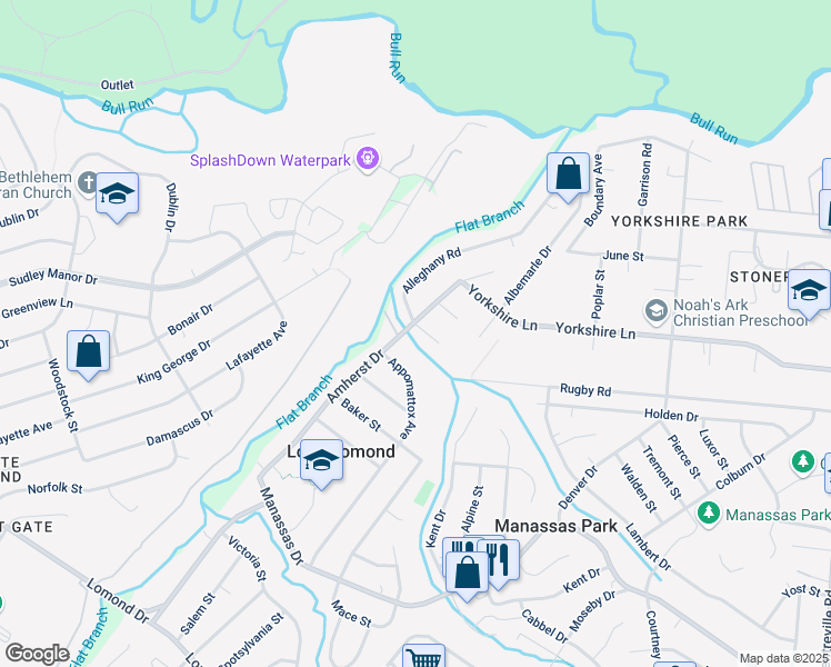 map of restaurants, bars, coffee shops, grocery stores, and more near 9211 Amelia Court in Manassas