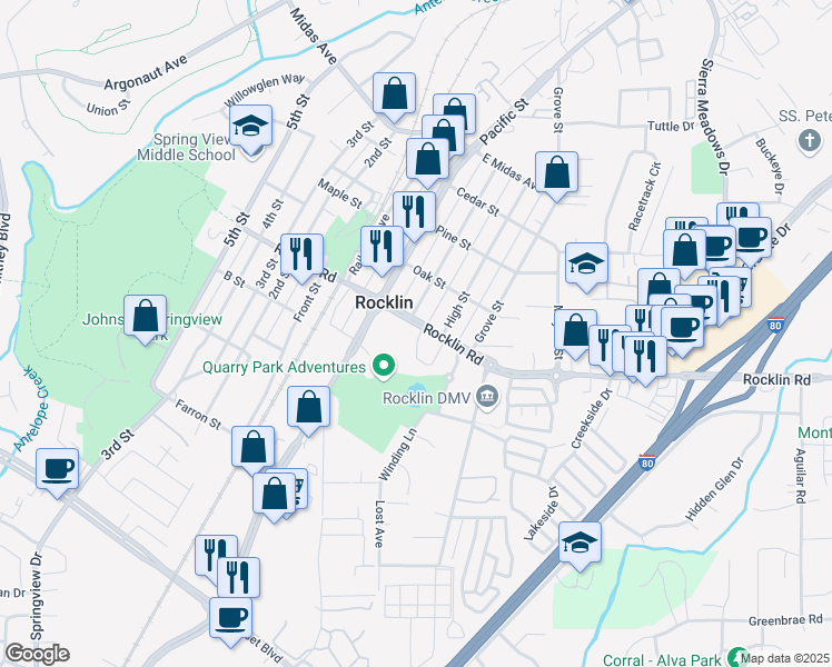 map of restaurants, bars, coffee shops, grocery stores, and more near 3970 Rocklin Road in Rocklin