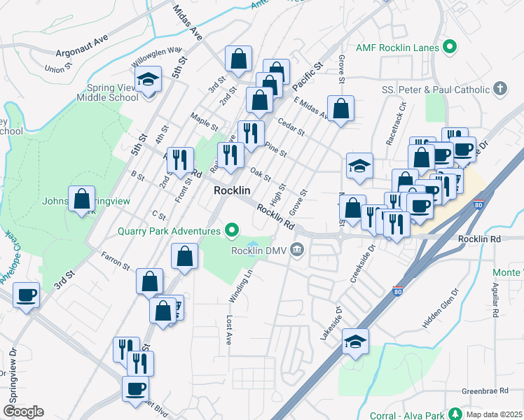 map of restaurants, bars, coffee shops, grocery stores, and more near 4080 Rocklin Road in Rocklin