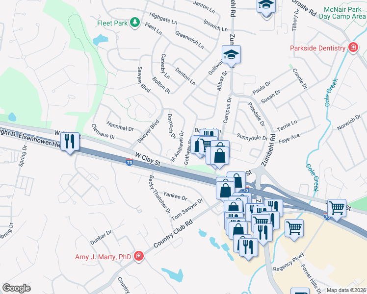 map of restaurants, bars, coffee shops, grocery stores, and more near 2088 Saint Andrews Drive in Saint Charles