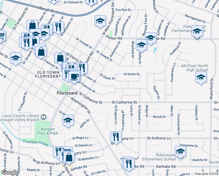 map of restaurants, bars, coffee shops, grocery stores, and more near 1462 Saint Louis Street in Florissant