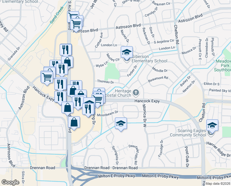 map of restaurants, bars, coffee shops, grocery stores, and more near 4137 Charleston Drive in Colorado Springs