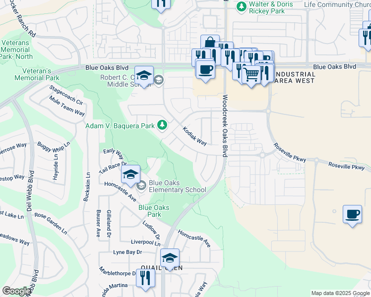 map of restaurants, bars, coffee shops, grocery stores, and more near 9004 Crimson Ridge Way in Roseville