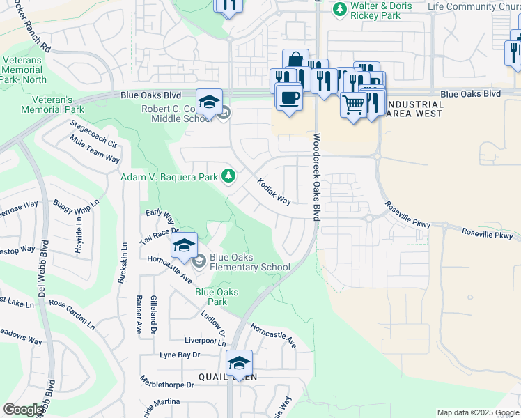 map of restaurants, bars, coffee shops, grocery stores, and more near 9004 Crimson Ridge Way in Roseville