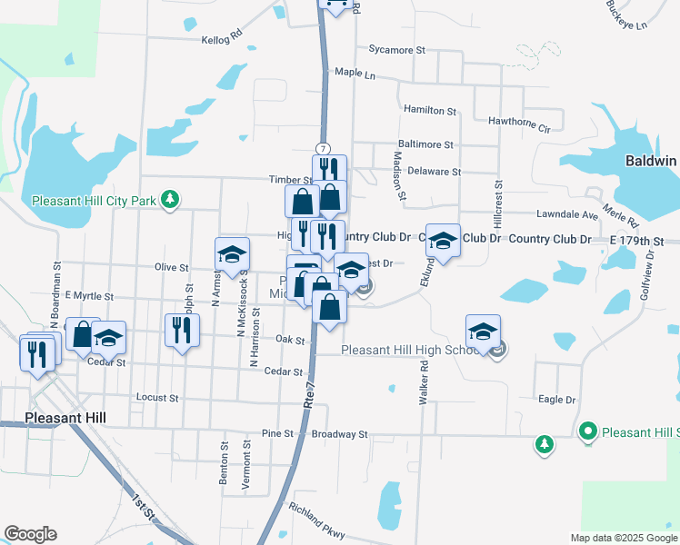 map of restaurants, bars, coffee shops, grocery stores, and more near 400 Missouri 7 in Pleasant Hill