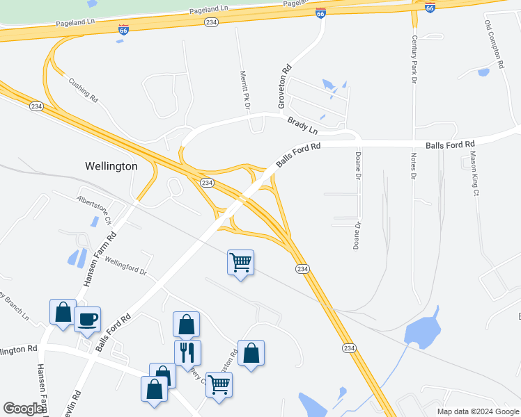 map of restaurants, bars, coffee shops, grocery stores, and more near Highway 234 in Manassas