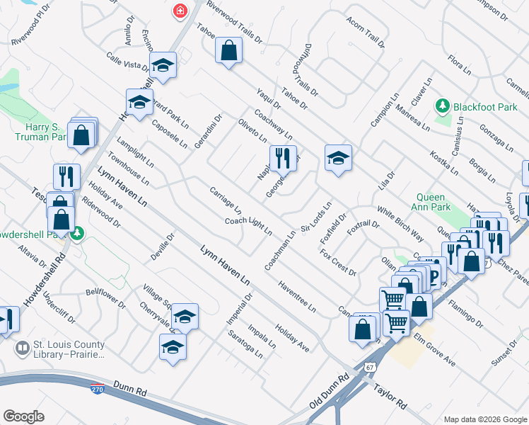 map of restaurants, bars, coffee shops, grocery stores, and more near 632 Coach House Drive in Hazelwood