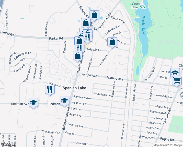 map of restaurants, bars, coffee shops, grocery stores, and more near 1521 Trampe Avenue in St. Louis