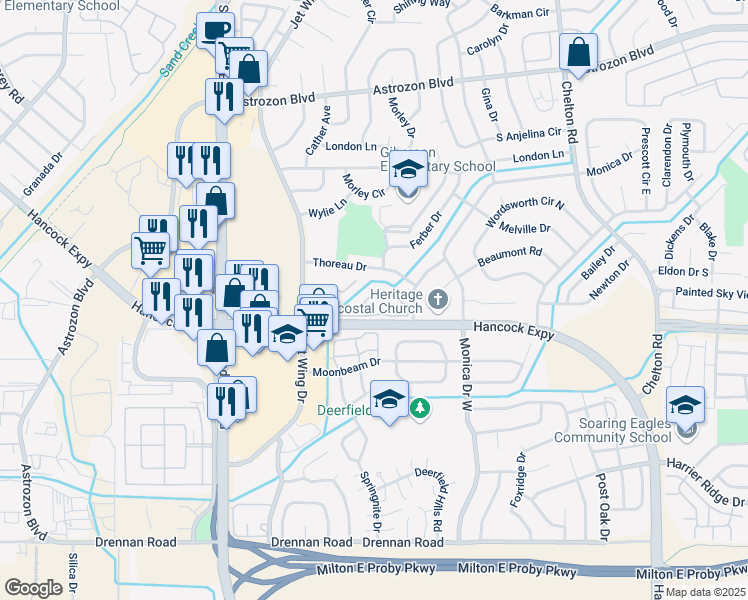 map of restaurants, bars, coffee shops, grocery stores, and more near 4165 Charleston Drive in Colorado Springs