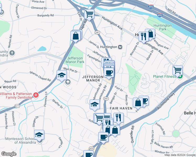 map of restaurants, bars, coffee shops, grocery stores, and more near 2709 Fort Drive in Alexandria