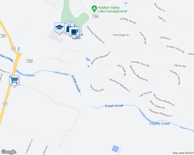 map of restaurants, bars, coffee shops, grocery stores, and more near 19467 Mountain Meadow South in Hidden Valley Lake
