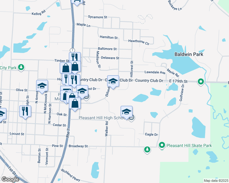map of restaurants, bars, coffee shops, grocery stores, and more near 304 Eklund Street in Pleasant Hill