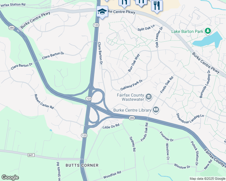 map of restaurants, bars, coffee shops, grocery stores, and more near 5935 Oakland Park Drive in Burke