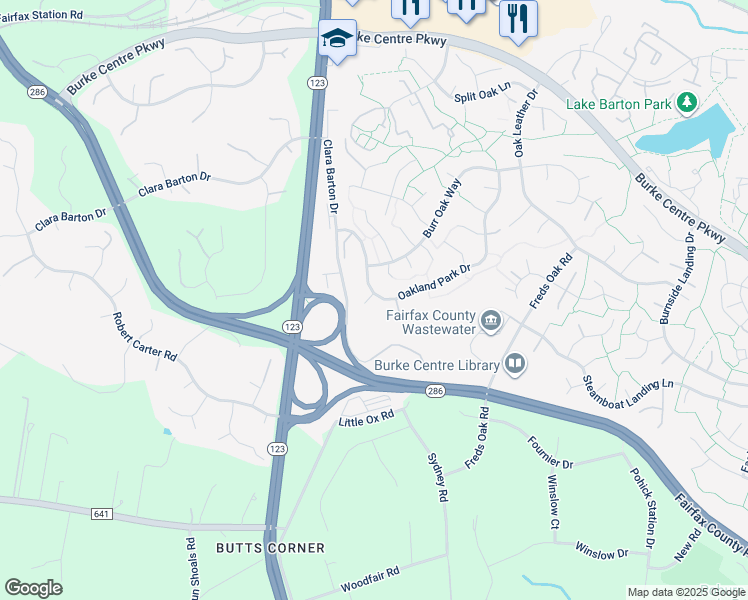 map of restaurants, bars, coffee shops, grocery stores, and more near 5935 Oakland Park Drive in Burke