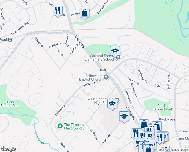 map of restaurants, bars, coffee shops, grocery stores, and more near 8634 Reseca Lane in West Springfield