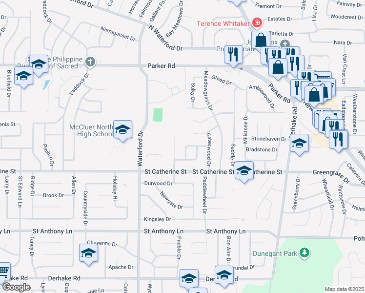 map of restaurants, bars, coffee shops, grocery stores, and more near 695 Stafford Lane in Florissant