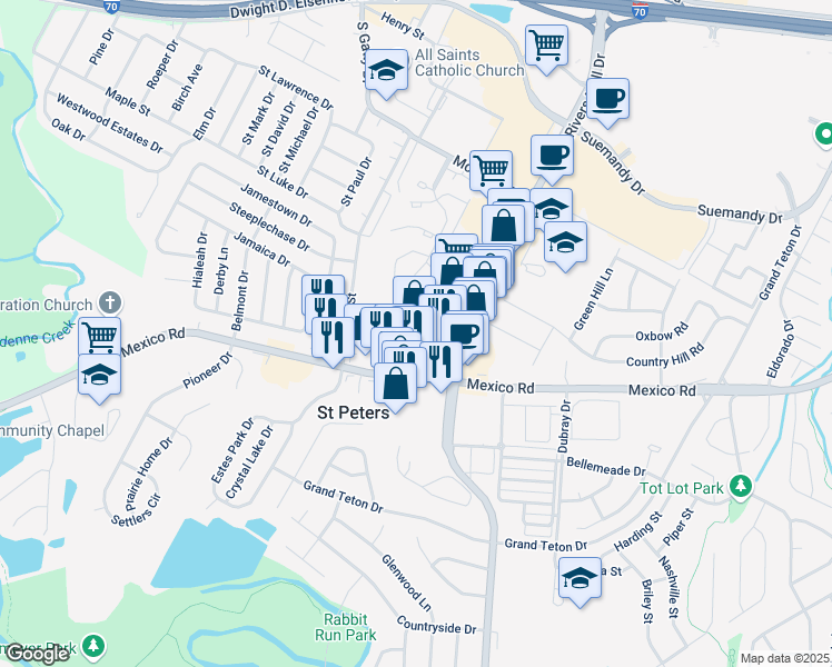map of restaurants, bars, coffee shops, grocery stores, and more near 411 Mid Rivers Mall Drive in St. Peters