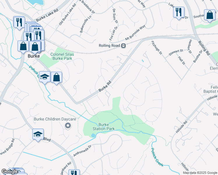 map of restaurants, bars, coffee shops, grocery stores, and more near 5945 Kara Place in Burke