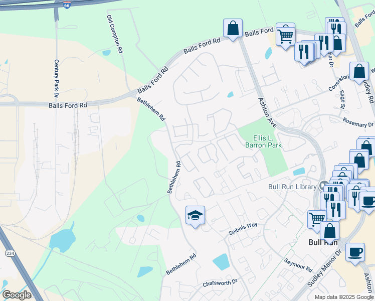 map of restaurants, bars, coffee shops, grocery stores, and more near Dry Spring Drive in Bull Run