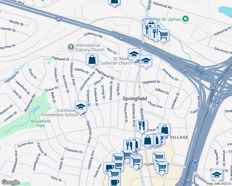 map of restaurants, bars, coffee shops, grocery stores, and more near 5912 Craig Street in Springfield