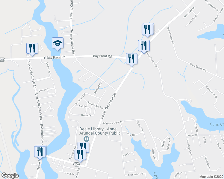 map of restaurants, bars, coffee shops, grocery stores, and more near 5878 Swamp Circle Road in Deale