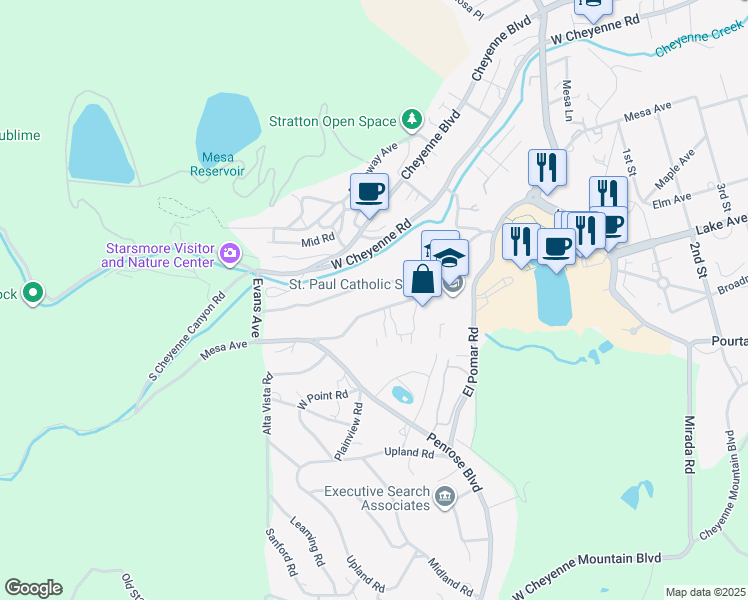 map of restaurants, bars, coffee shops, grocery stores, and more near 1660 Mesa Avenue in Colorado Springs