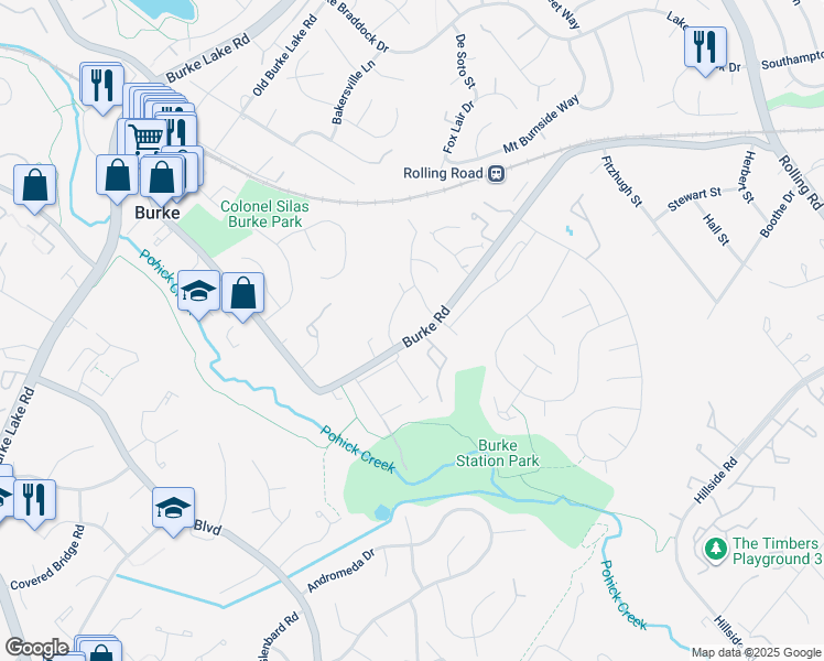 map of restaurants, bars, coffee shops, grocery stores, and more near 9206 Burke Road in Burke