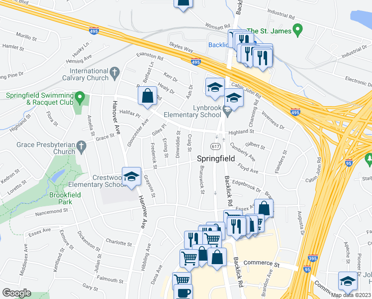 map of restaurants, bars, coffee shops, grocery stores, and more near 5912 Craig Street in Springfield