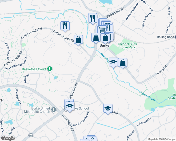map of restaurants, bars, coffee shops, grocery stores, and more near in Burke
