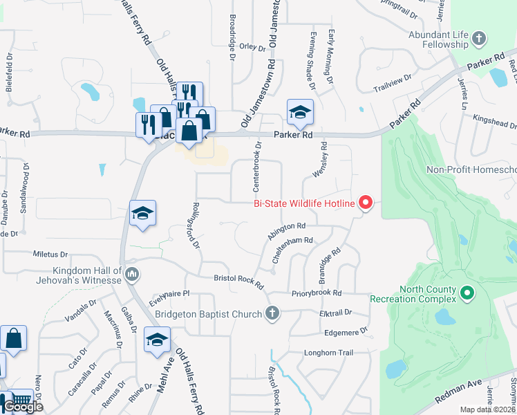 map of restaurants, bars, coffee shops, grocery stores, and more near 5000 Kennewick Drive in Florissant