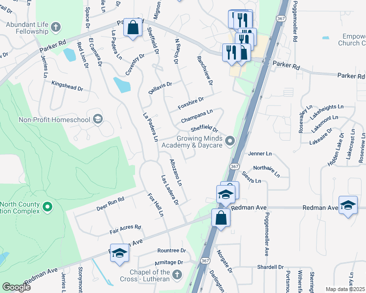 map of restaurants, bars, coffee shops, grocery stores, and more near 11646 Esperanza Drive in Florissant