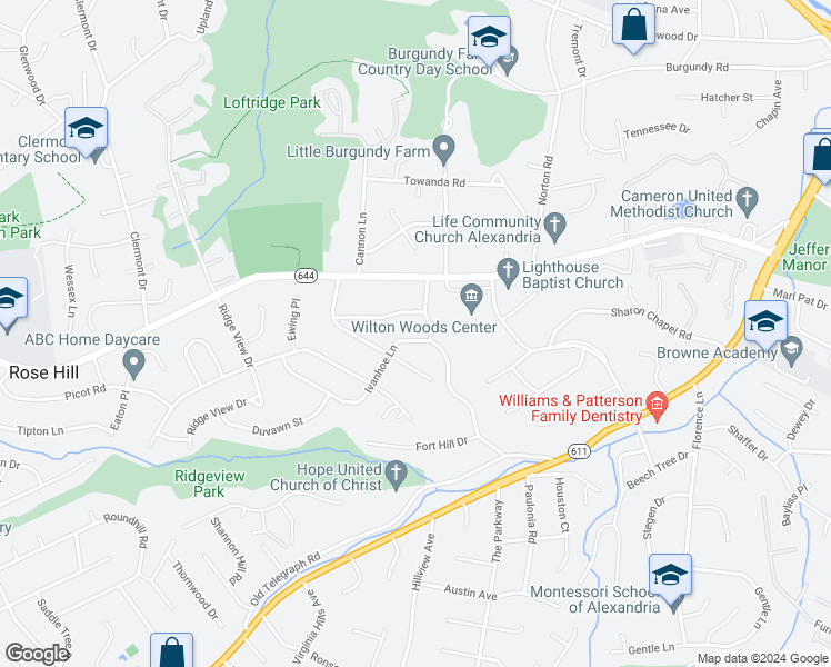 map of restaurants, bars, coffee shops, grocery stores, and more near 3812 Ivanhoe Lane in Alexandria