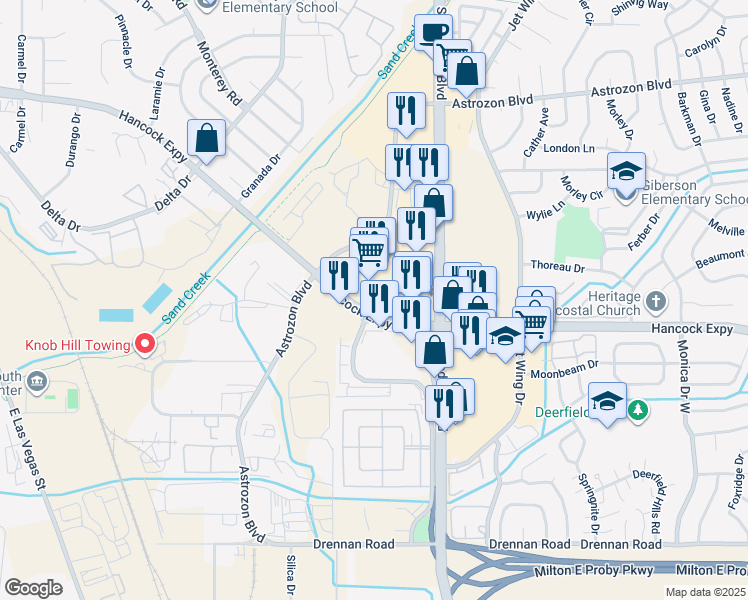map of restaurants, bars, coffee shops, grocery stores, and more near 2910 South Academy Boulevard in Colorado Springs