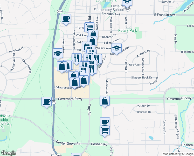 map of restaurants, bars, coffee shops, grocery stores, and more near 2110 Troy Road in Edwardsville