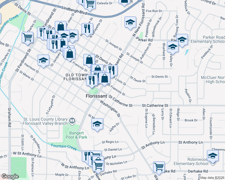 map of restaurants, bars, coffee shops, grocery stores, and more near 1136 Saint Francois Street in Florissant