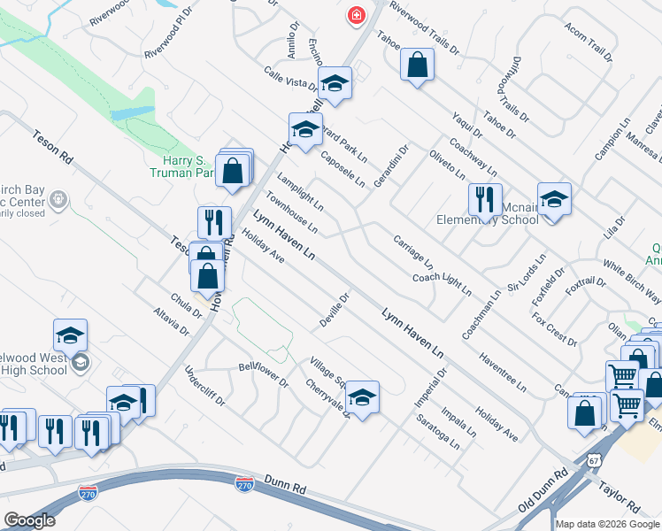 map of restaurants, bars, coffee shops, grocery stores, and more near 782 Lamplight Lane in Hazelwood
