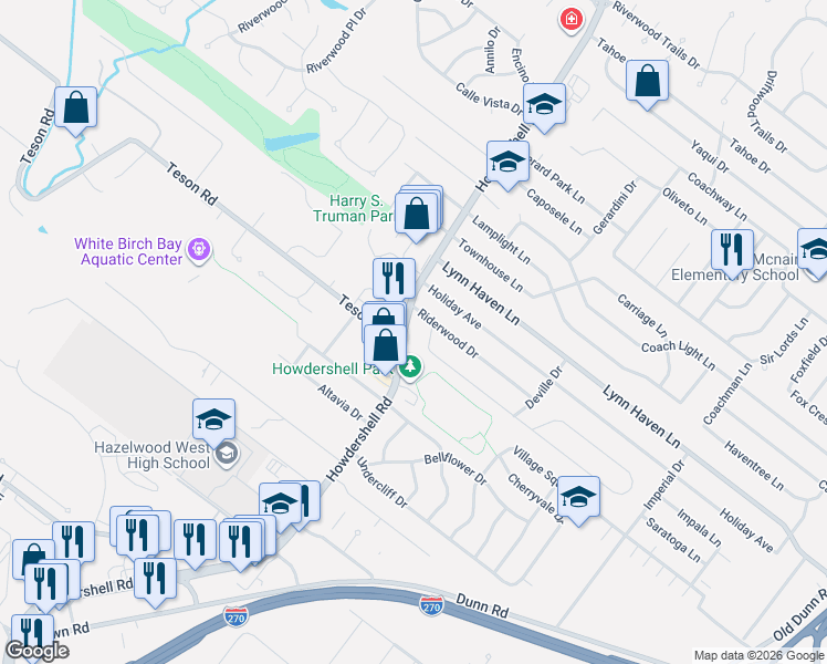 map of restaurants, bars, coffee shops, grocery stores, and more near 6901 Howdershell Road in Hazelwood