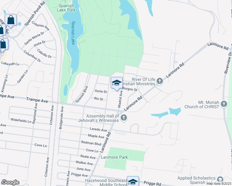 map of restaurants, bars, coffee shops, grocery stores, and more near 1025 Trampe Avenue in St. Louis