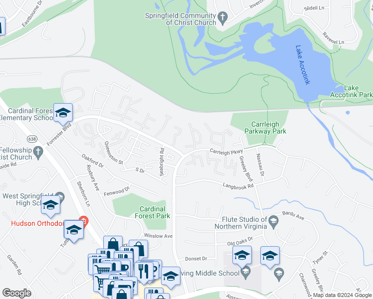 map of restaurants, bars, coffee shops, grocery stores, and more near 8228 Carrleigh Parkway in Springfield