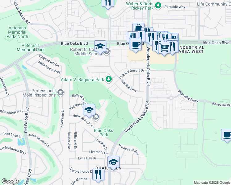 map of restaurants, bars, coffee shops, grocery stores, and more near 325 Harvest Sky Court in Roseville