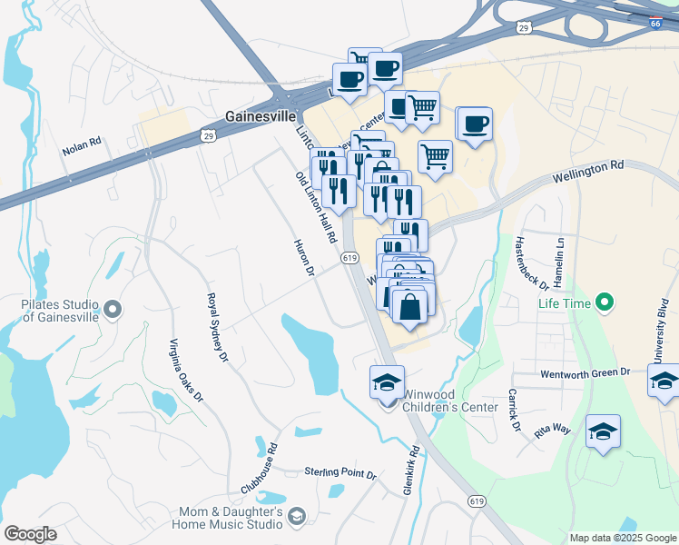 map of restaurants, bars, coffee shops, grocery stores, and more near 7700 Old Linton Hall Road in Gainesville