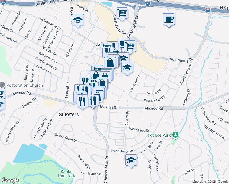 map of restaurants, bars, coffee shops, grocery stores, and more near 11 Sunnyfield Road in St. Peters