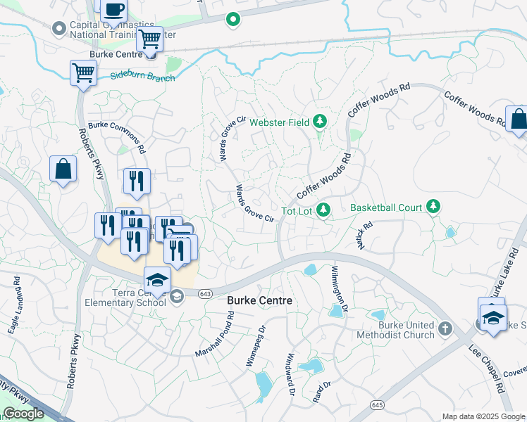 map of restaurants, bars, coffee shops, grocery stores, and more near 5905 Wood Sorrels Court in Burke