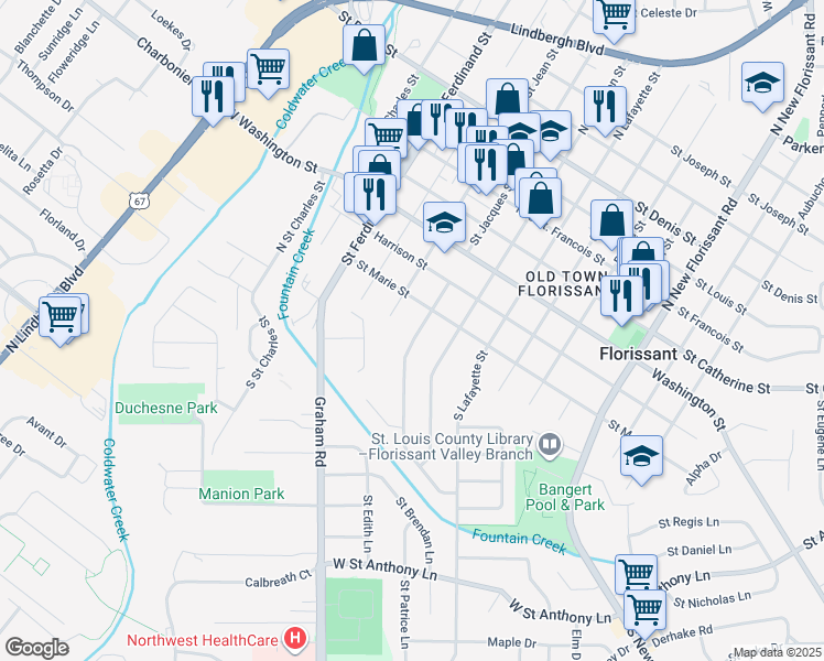 map of restaurants, bars, coffee shops, grocery stores, and more near 105 North Saint Jacques Street in Florissant