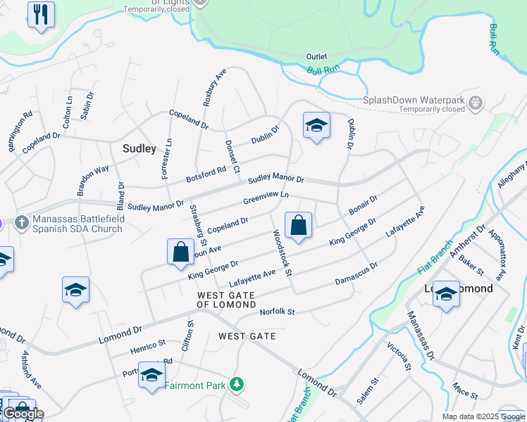 map of restaurants, bars, coffee shops, grocery stores, and more near 9727 Copeland Drive in Manassas