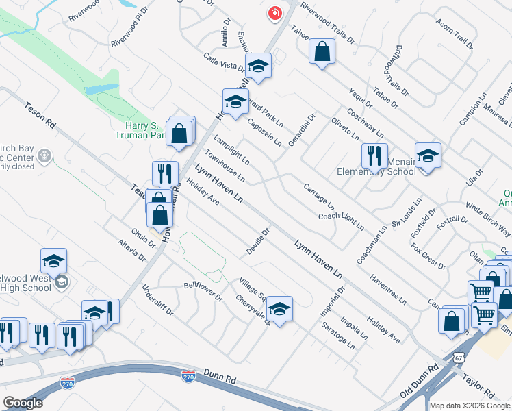 map of restaurants, bars, coffee shops, grocery stores, and more near 782 Lamplight Lane in Hazelwood