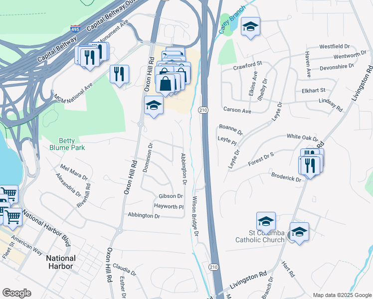 map of restaurants, bars, coffee shops, grocery stores, and more near 7300 Abbington Drive in Oxon Hill
