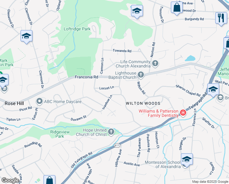 map of restaurants, bars, coffee shops, grocery stores, and more near 3814 Ivanhoe Lane in Alexandria